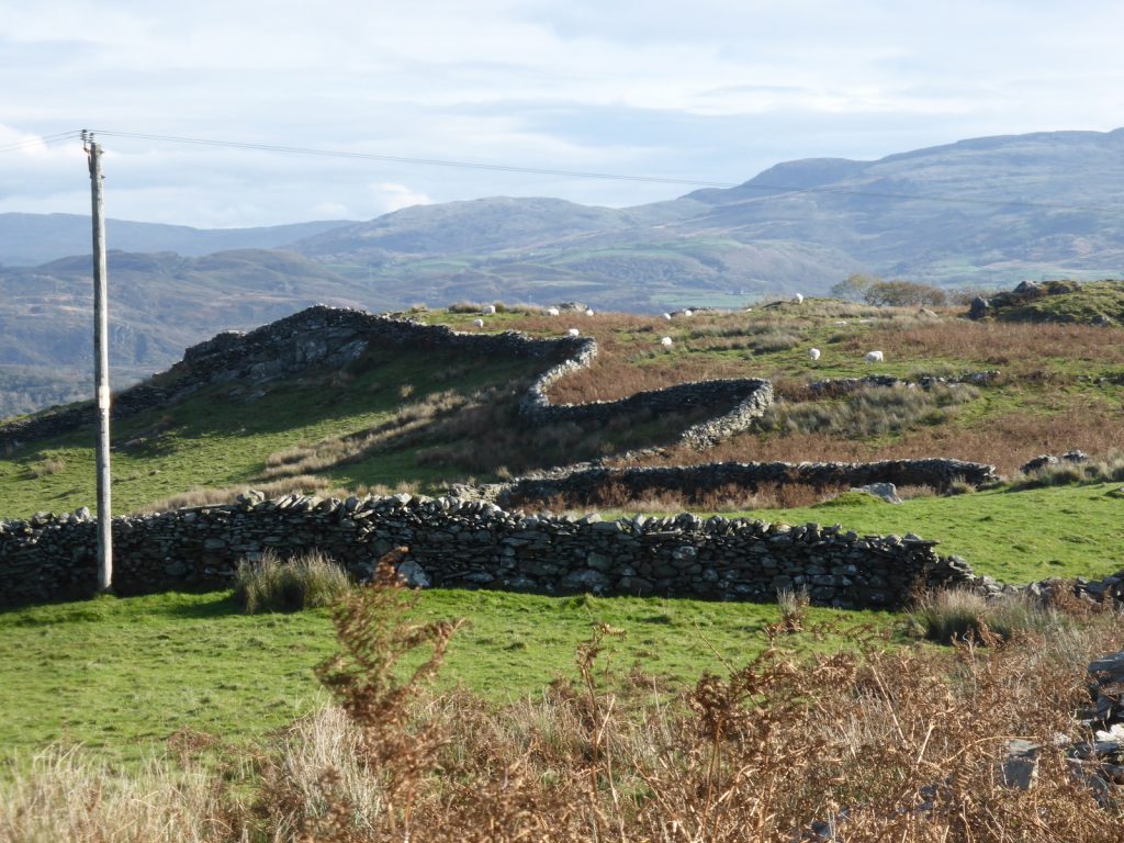 curvy stone wall snaking across hillside