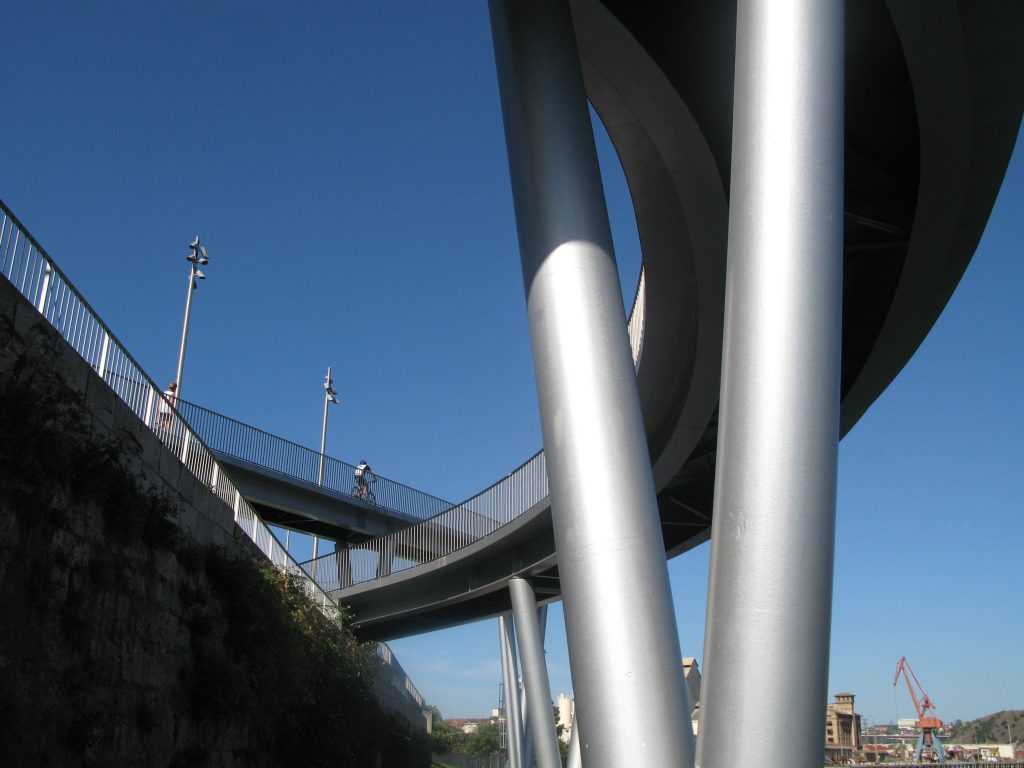 shiny metal footbridge supports