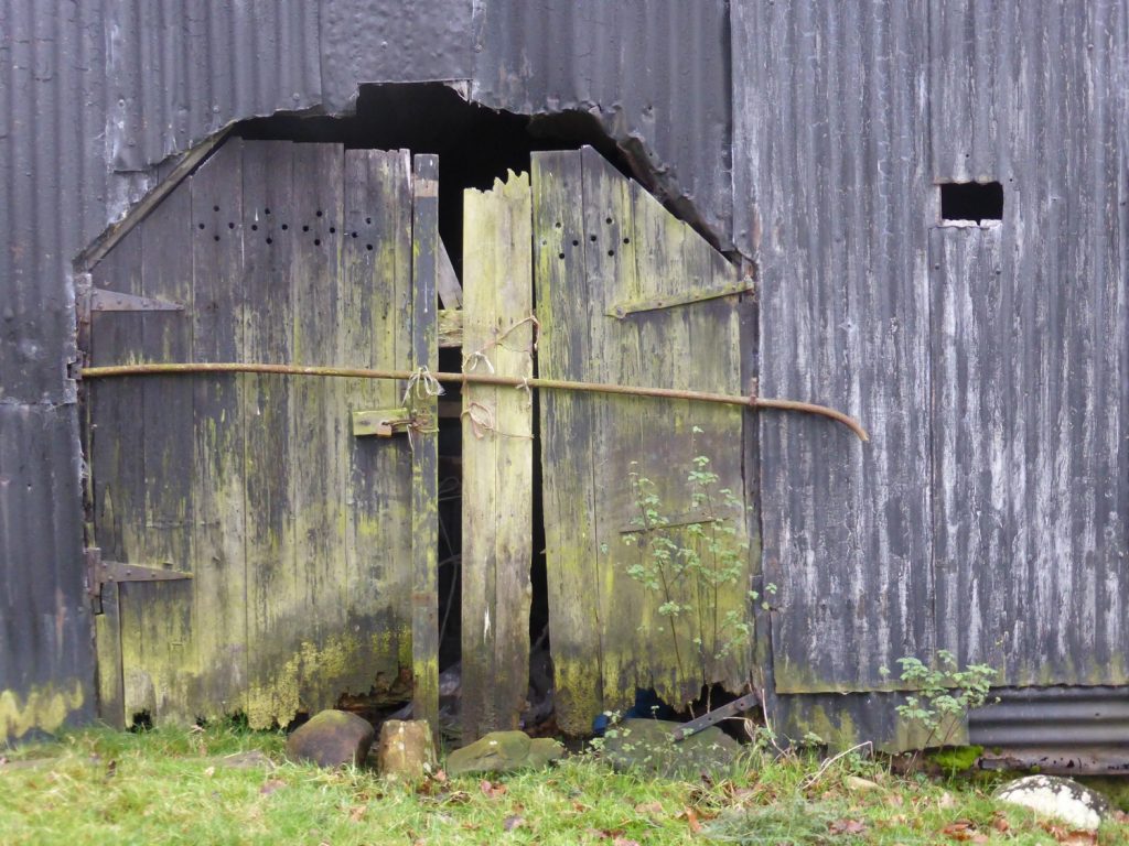 corrugated metal shed - patched up door